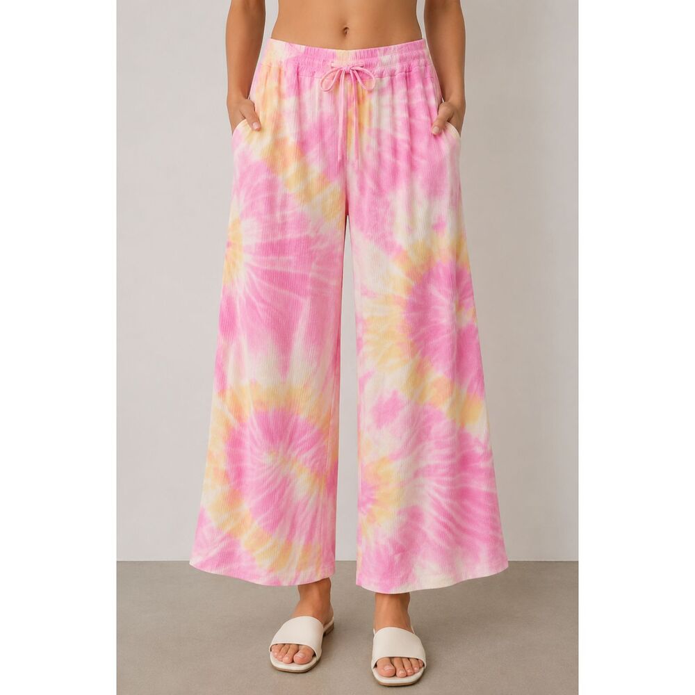 Beach Break Pink Yellow Tie Dye Wide Leg Pants Size Large L NWT